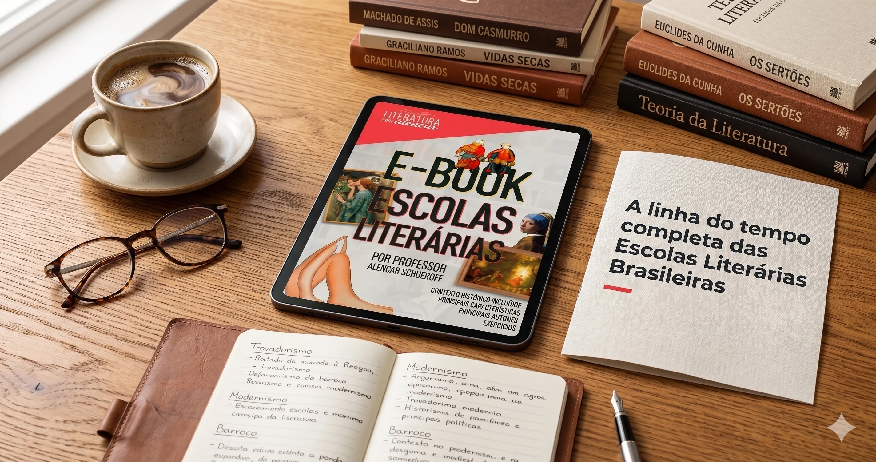 E-book Escolas Literárias Brasileiras sobre mesa de trabalho com livros de Machado de Assis, Graciliano Ramos e Euclides da Cunha, caderno de anotações e café