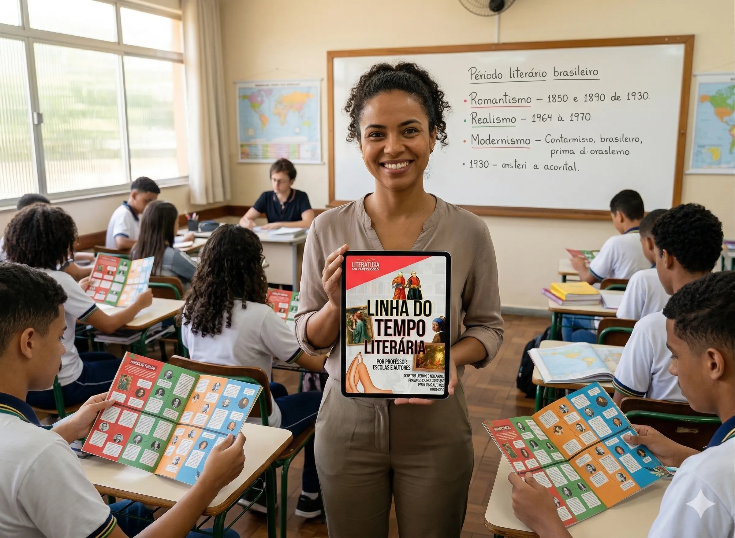Professora usando o e-book em sala de aula com alunos engajados